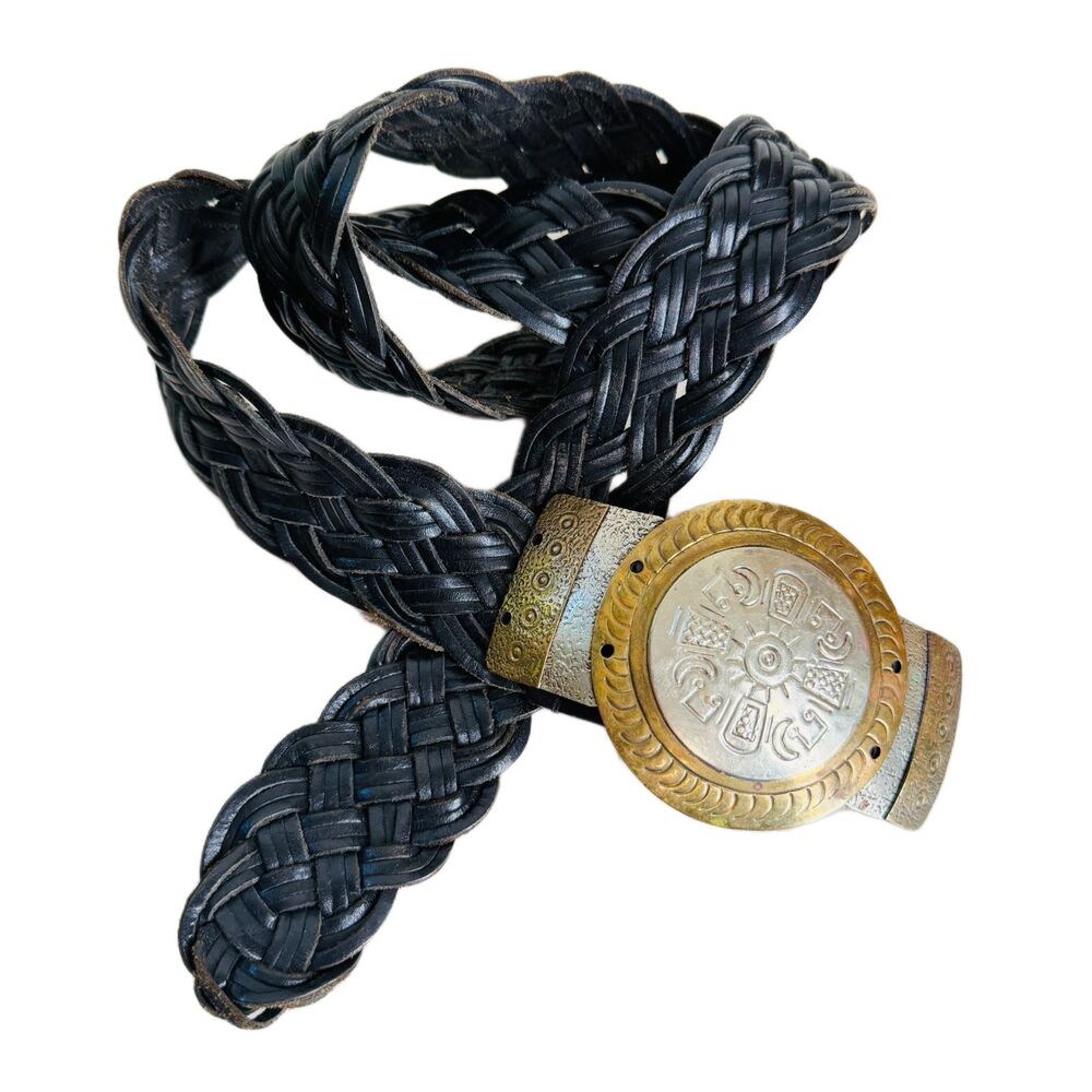 Chicos Black Leather Belt M/L Ethnic Buckle Hammered Gold Silver Hieroglyphs